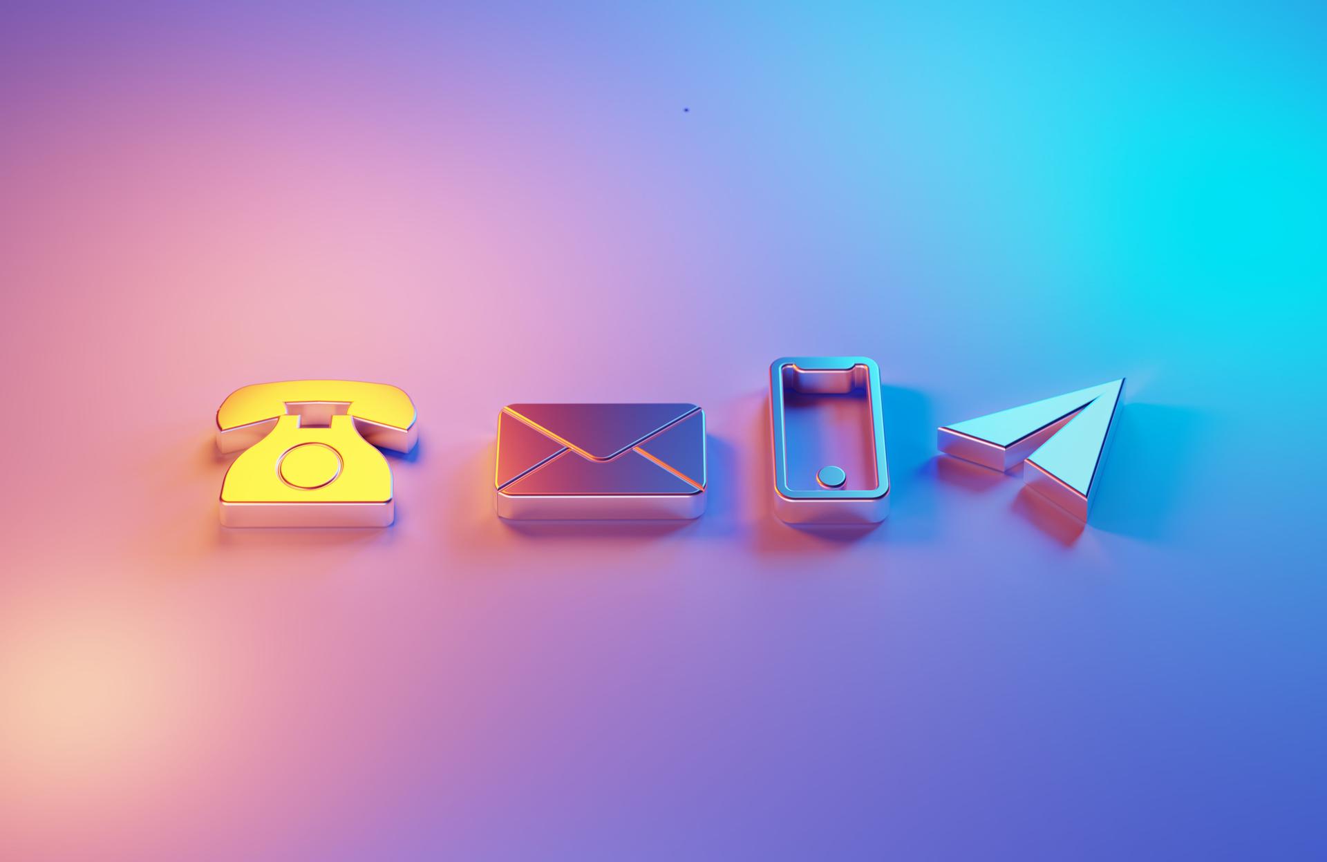 Metallic Contact Us Symbols Illuminated By Blue And Magenta Lights On Blue And Magenta Background